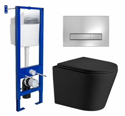 Комплект 3 в 1 инсталляция Berges Wasserhaus Atom Line 410 + Подвесной унитаз WeltWasser Salzbach 043 MT-BL + кнопка хром