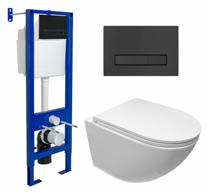 Комплект 3 в 1 инсталляция Berges Wasserhaus Atom Line 410 + Подвесной безободковый унитаз CeruttiSpa Sella aria CT7183 + кнопка черная