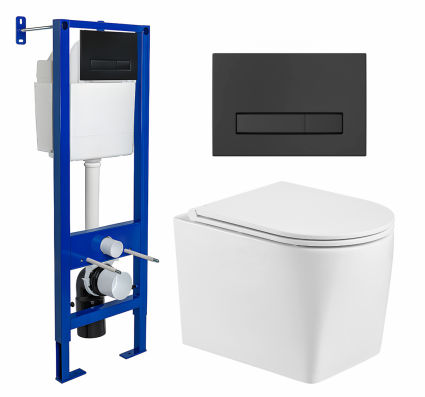 Комплект 3 в 1 инсталляция Berges Wasserhaus Atom Line 410 + Унитаз подвесной WeltWasser Nesenbach 004 GL-WT + кнопка черная