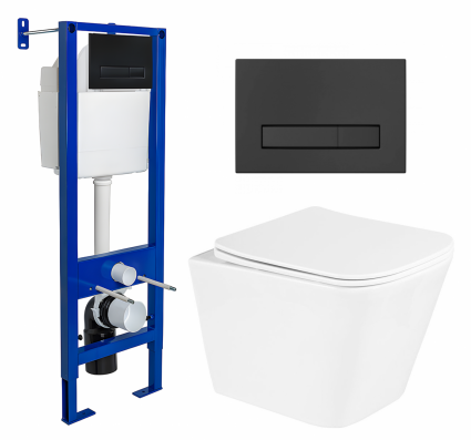 Комплект 3 в 1 инсталляция Berges Wasserhaus Atom Line 410 + Унитаз подвесной BelBagno Due BB3103CHR/SC + кнопка черная