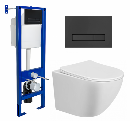 Комплект 3 в 1 инсталляция Berges Wasserhaus Atom Line 410 + Унитаз подвесной Taliente Amato AM25010 + кнопка черная