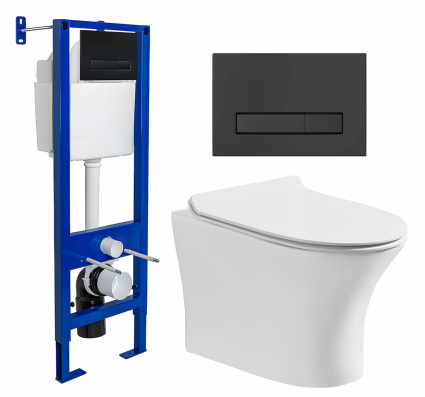 Комплект 3 в 1 инсталляция Berges Wasserhaus Atom Line 410 + Подвесной безободковый унитаз CeruttiSpa Bernina aria CT7191 + кнопка черная