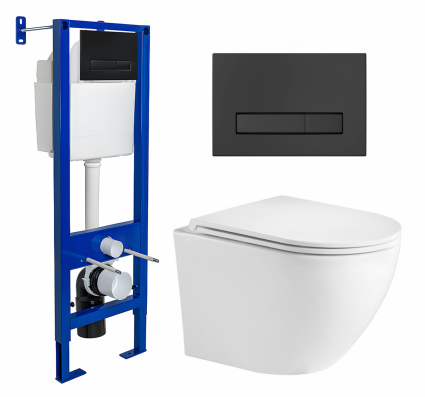 Комплект 3 в 1 инсталляция Berges Wasserhaus Atom Line 410 + Подвесной унитаз WeltWasser Merzbach 043 GL-WT + кнопка черная
