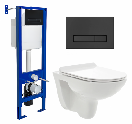 Комплект 3 в 1 инсталляция Berges Wasserhaus Atom Line 410 + Унитаз подвесной AQUAme AQM2008 + кнопка черная