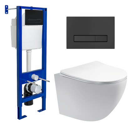 Комплект 3 в 1 инсталляция Berges Wasserhaus Atom Line 410 + Унитаз подвесной Акватек Европа AQ1900-00 + кнопка черная