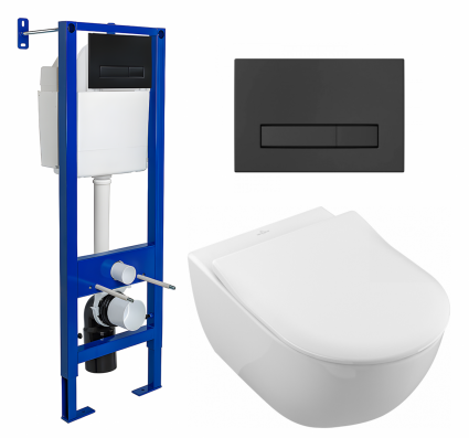 Комплект 3 в 1 инсталляция Berges Wasserhaus Atom Line 410 + Унитаз подвесной Villeroy & Boch Subway 2.0 5614R201 + кнопка черная