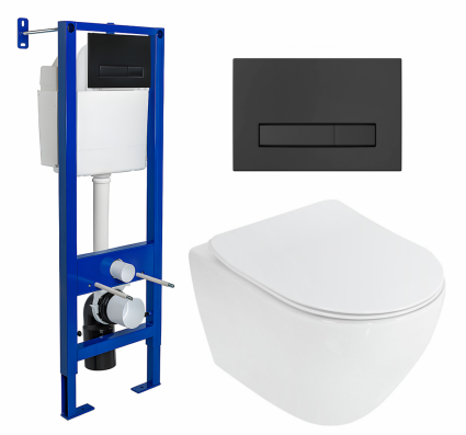 Комплект 3 в 1 инсталляция Berges Wasserhaus Atom Line 410 + Унитаз подвесной Cezares Stylus CZR-513-TH-R + кнопка черная