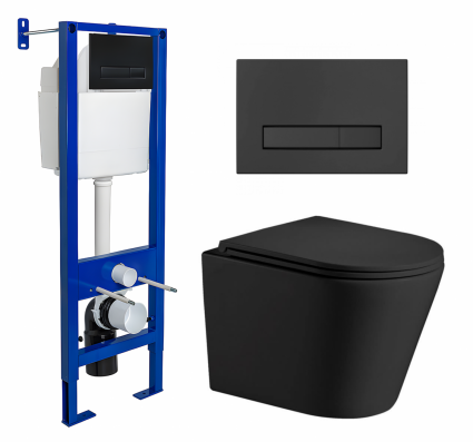 Комплект 3 в 1 инсталляция Berges Wasserhaus Atom Line 410 + Подвесной унитаз WeltWasser Salzbach 043 MT-BL + кнопка черная