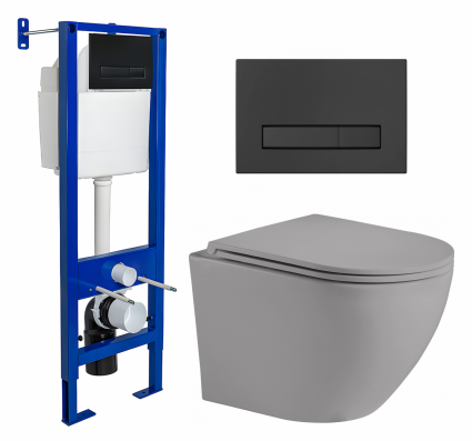 Комплект 3 в 1 инсталляция Berges Wasserhaus Atom Line 410 + Унитаз подвесной Weltwasser WW Merzbach 043 MT-GR + кнопка черная