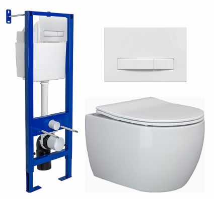Комплект 3 в 1 инсталляция Berges Wasserhaus Atom Line 410 + Унитаз подвесной Ceramica Nova Play CN3001 + кнопка белая
