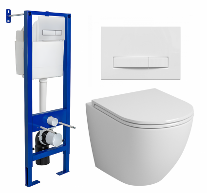 Комплект 3 в 1 инсталляция Berges Wasserhaus Atom Line 410 + Унитаз подвесной Grossman GR-4455S + кнопка белая