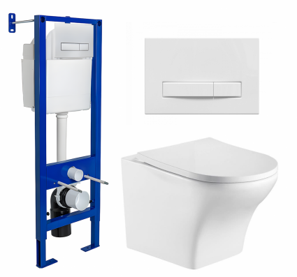 Комплект 3 в 1 инсталляция Berges Wasserhaus Atom Line 410 + Подвесной унитаз WeltWasser Odenbach 004 GL-WT + кнопка белая