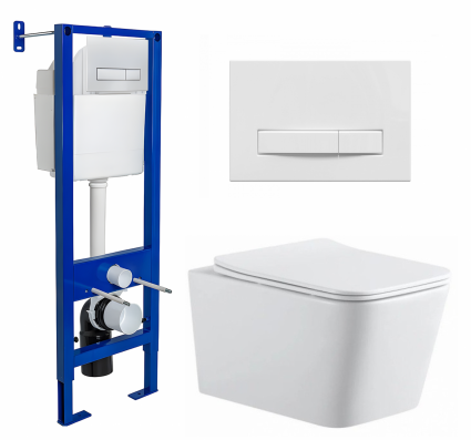 Комплект 3 в 1 инсталляция Berges Wasserhaus Atom Line 410 + Подвесной унитаз SinteSi BALTI + кнопка белая