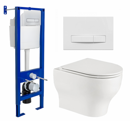 Комплект 3 в 1 инсталляция Berges Wasserhaus Atom Line 410 + Подвесной унитаз WeltWasser Erlenbach 004 GL-WT + кнопка белая
