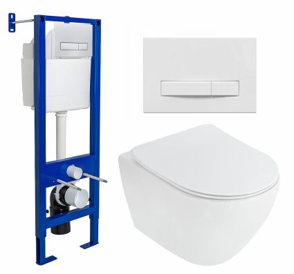 Комплект 3 в 1 инсталляция Berges Wasserhaus Atom Line 410 + Унитаз подвесной Cezares Stylus CZR-513-TH-R + кнопка белая