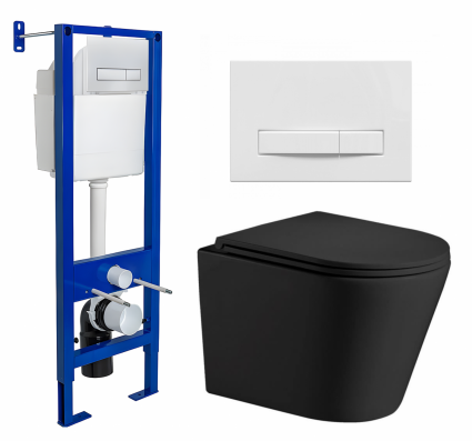 Комплект 3 в 1 инсталляция Berges Wasserhaus Atom Line 410 + Подвесной унитаз WeltWasser Salzbach 043 MT-BL + кнопка белая