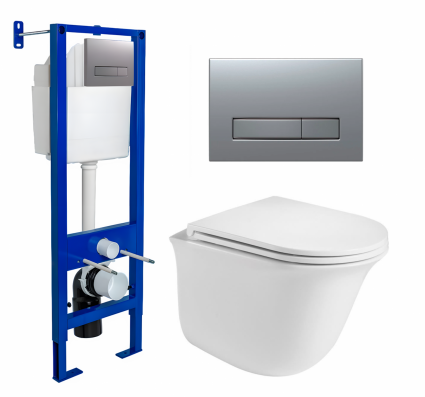 Комплект 3 в 1 инсталляция Berges Atom Line 410 + Подвесной унитаз WeltWasser Telbach 004 GL-WT + кнопка хром матовая