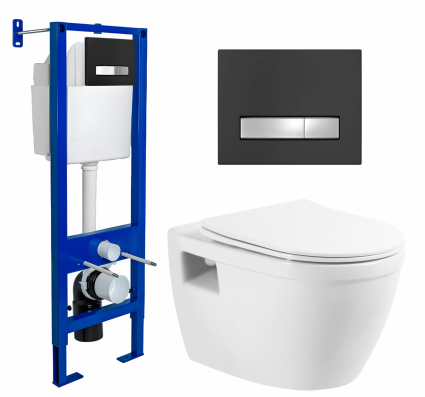 Комплект 3 в 1 инсталляция Berges Atom Line 410 + Унитаз подвесной BelBagno Loto BB070CHR/SC + кнопка черная, хром