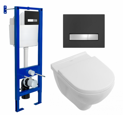 Комплект 3 в 1 инсталляция Berges Atom Line 410 + Унитаз подвесной Villeroy & Boch O Novo Directflush + кнопка черная, хром
