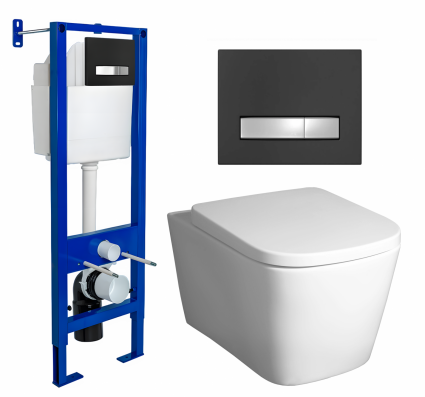 Комплект 3 в 1 инсталляция Berges Atom Line 410 + Унитаз подвесной BelBagno Albano BB120CHR + кнопка черная, хром
