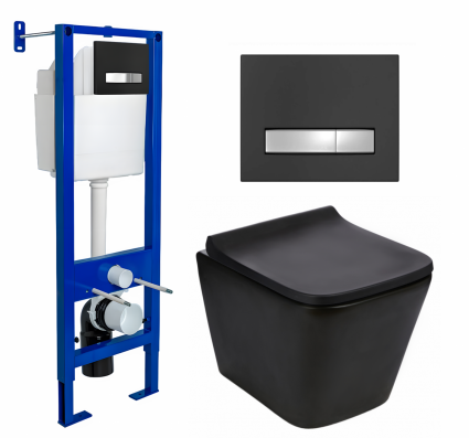 Комплект 3 в 1 инсталляция Berges Atom Line 410 + Подвесной унитаз WeltWasser Gelbach 043 MT-BL + кнопка черная, хром