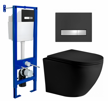 Комплект 3 в 1 инсталляция Berges Atom Line 410 +  Унитаз подвесной Weltwasser WW Merzbach 043 MT-BL + кнопка черная, хром
