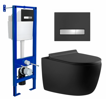Комплект 3 в 1 инсталляция Berges Atom Line 410 + Унитаз подвесной Aquanet Cetus-BW 287008 + кнопка черная, хром