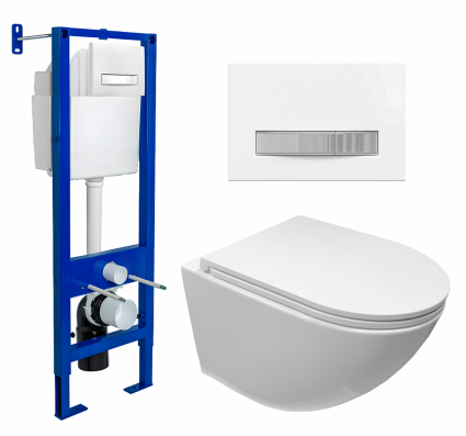 Комплект 3 в 1 инсталляция Berges Atom Line 410 + Подвесной безободковый унитаз CeruttiSpa Sella aria CT7183 + кнопка белая, хром