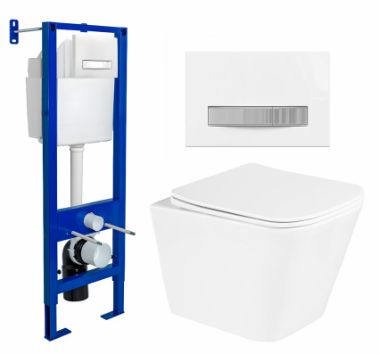 Комплект 3 в 1 инсталляция Berges Atom Line 410 + Унитаз подвесной BelBagno Due BB3103CHR/SC + кнопка белая, хром