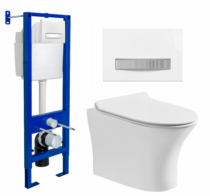 Комплект 3 в 1 инсталляция Berges Atom Line 410 + Подвесной безободковый унитаз CeruttiSpa Bernina aria CT7191 + кнопка белая, хром