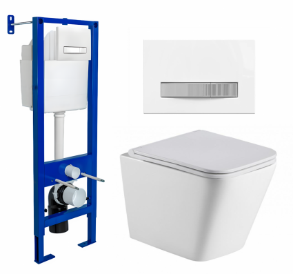 Комплект 3 в 1 инсталляция Berges Atom Line 410 + Подвесной унитаз WeltWasser Gelbach 043 GL-WT + кнопка белая, хром