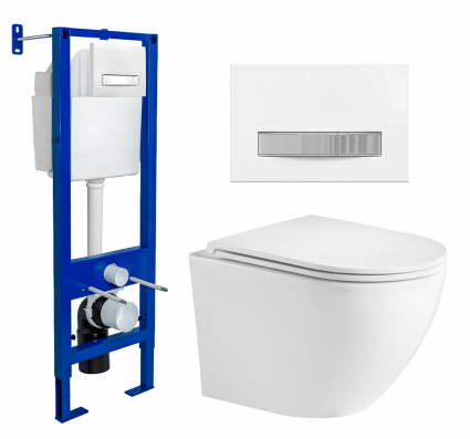 Комплект 3 в 1 инсталляция Berges Atom Line 410 + Подвесной унитаз WeltWasser Merzbach 043 GL-WT + кнопка белая, хром