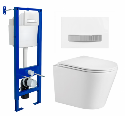 Комплект 3 в 1 инсталляция Berges Atom Line 410 + Подвесной унитаз WeltWasser Salzbach 043 GL-WT + кнопка белая, хром