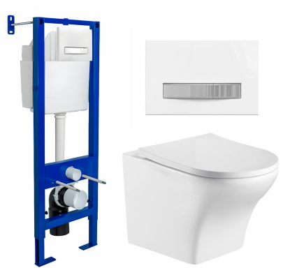 Комплект 3 в 1 инсталляция Berges Atom Line 410 + Подвесной унитаз WeltWasser Odenbach 004 GL-WT + кнопка белая, хром