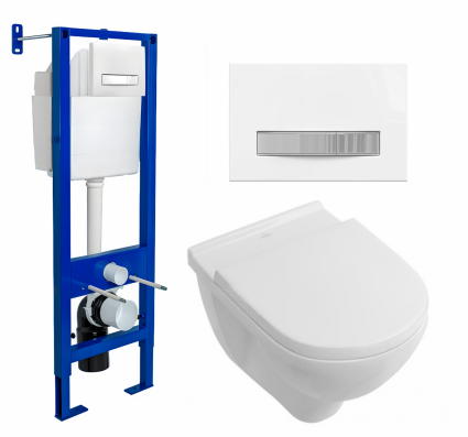 Комплект 3 в 1 инсталляция Berges Atom Line 410 + Унитаз подвесной Villeroy & Boch O Novo Directflush + кнопка белая, хром
