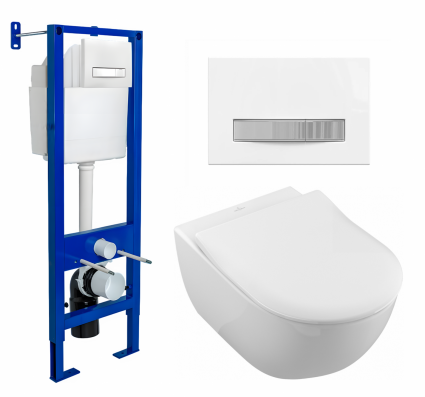 Комплект 3 в 1 инсталляция Berges Atom Line 410 + Унитаз подвесной Villeroy & Boch Subway 2.0 5614R201 + кнопка белая, хром