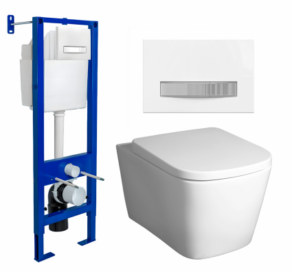 Комплект 3 в 1 инсталляция Berges Atom Line 410 + Унитаз подвесной BelBagno Albano BB120CHR + кнопка белая, хром