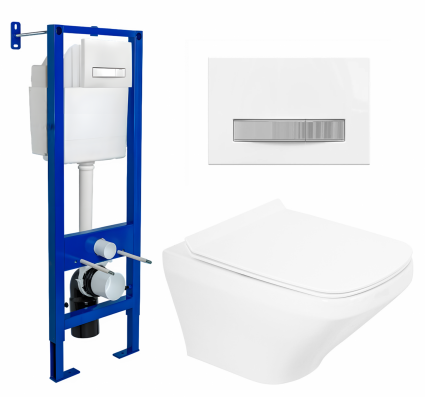 Комплект 3 в 1 инсталляция Berges Atom Line 410 + Унитаз подвесной BelBagno Sela BB3201CHR + кнопка белая, хром