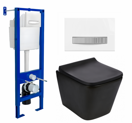 Комплект 3 в 1 инсталляция Berges Atom Line 410 + Подвесной унитаз WeltWasser Gelbach 043 MT-BL + кнопка белая, хром