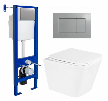 Комплект 3 в 1 инсталляция Berges Atom 410 + Унитаз подвесной BelBagno Due BB3103CHR/SC + кнопка хром матовая