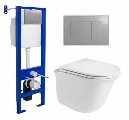 Комплект 3 в 1 инсталляция Berges Atom 410 + Подвесной унитаз WeltWasser Telbach 004 GL-WT + кнопка хром матовая