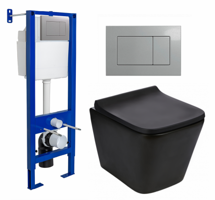 Комплект 3 в 1 инсталляция Berges Atom 410 + Подвесной унитаз WeltWasser Gelbach 043 MT-BL + кнопка хром матовая