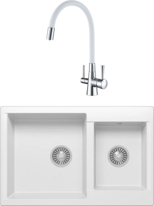 Комплект Мойка кухонная Polygran Brig 772 белый хлопок + Смеситель Lemark Comfort LM3075C-White с гибким изливом, хром, белый