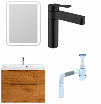 Комплект: Мебель для ванной BelBagno Marino H80 rovere nature + Смеситель для раковины BelBagno Delta DEL-LVM-NERO черный + Сифон АниПласт
