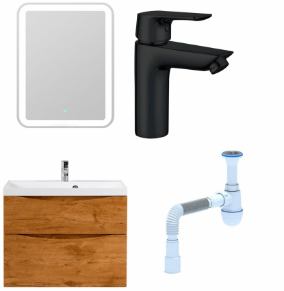 Комплект: Мебель для ванной BelBagno Marino H80 rovere nature +  Смеситель Aquanet Static AF330-10B для раковины чёрный + Сифон АниПласт