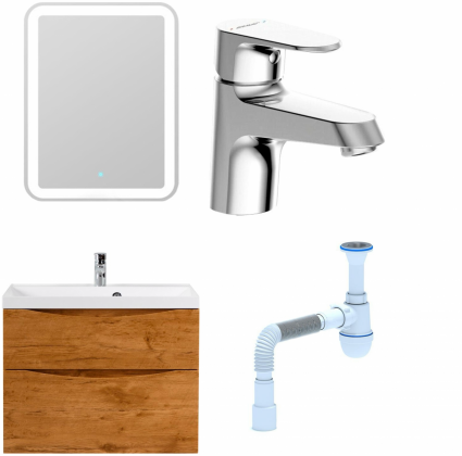 Комплект: Мебель для ванной BelBagno Marino H80 rovere nature + Смеситель Bravat Alfa F1120178CP для раковины, хром + Сифон АниПласт