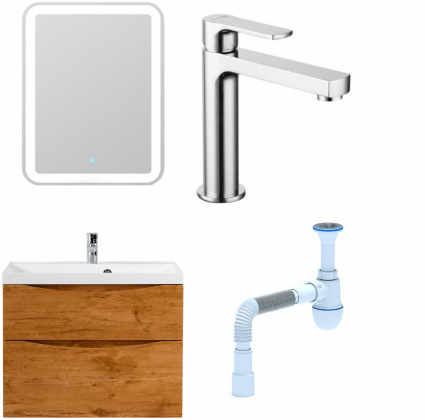 Комплект: Мебель для ванной BelBagno Marino H80 rovere nature + Смеситель Lemark plus Grace LM1537C для раковины, хром + Сифон АниПласт