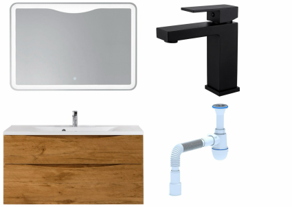 Комплект: Мебель для ванной BelBagno Marino H120 rovere nature + Смеситель для раковины Haiba HB10803-7, черный + Сифон АниПласт