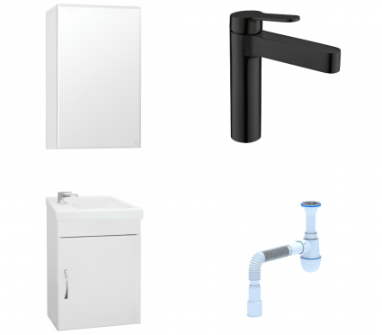 Комплект: Мебель для ванной Style Line Эко Стандарт №1 40 + Смеситель BelBagno Delta DEL-LVM-NERO + Сифон АниПласт