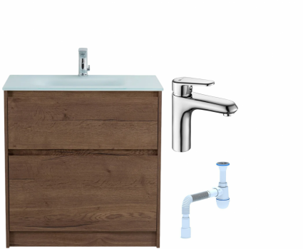 Комплект: Тумба с раковиной BelBagno Kraft 80 напольная + Смеситель Lemark Point LM0306C для раковины, хром + Сифон АниПласт